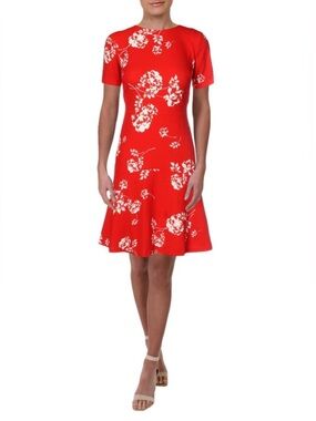 New Lauren Ralph Lauren Red Floral Dress Short Zipper Size 6